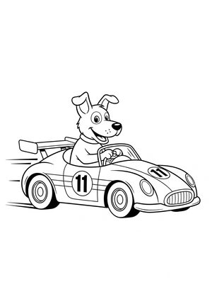 Hond in een raceauto kleurplaat om te printen en kleuren