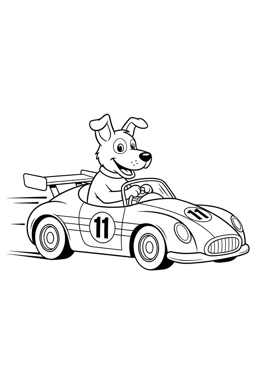 Hond kleurplaat van een hond die in een raceauto zit, stoer om in te kleuren kleurplaat