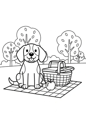 Hond in het park op een picknickkleed kleurplaat om te printen en kleuren