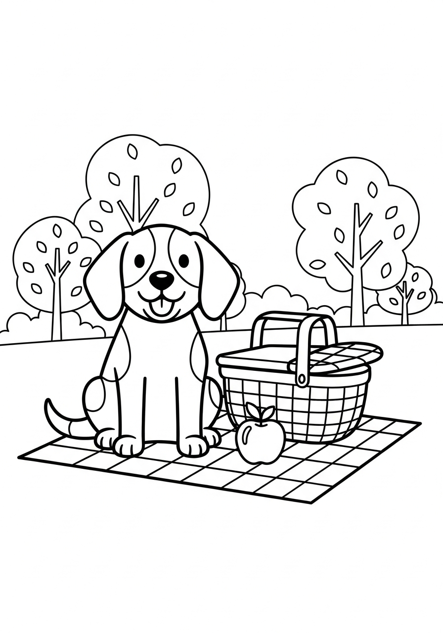 Hond kleurplaat van een hond op een picknickkleed in het park, om in te kleuren kleurplaat