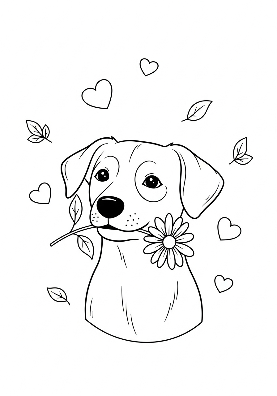 Hond kleurplaat van een hond met een bloem in de bek, schattig om in te kleuren kleurplaat