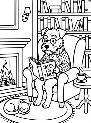 Hond met een boek in de bibliotheek kleurplaat om te printen en kleuren