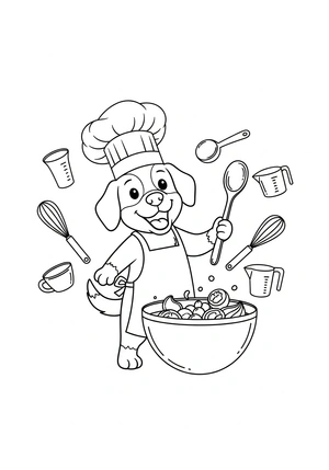 Hond met een chef-kok muts kleurplaat om te printen en kleuren