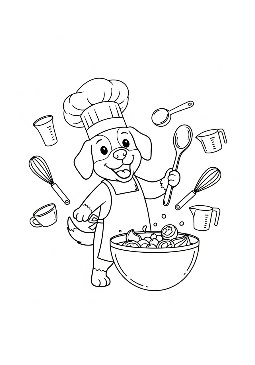 Hond kleurplaat van een hond als chef-kok met muts en lepel, om in te kleuren kleurplaat