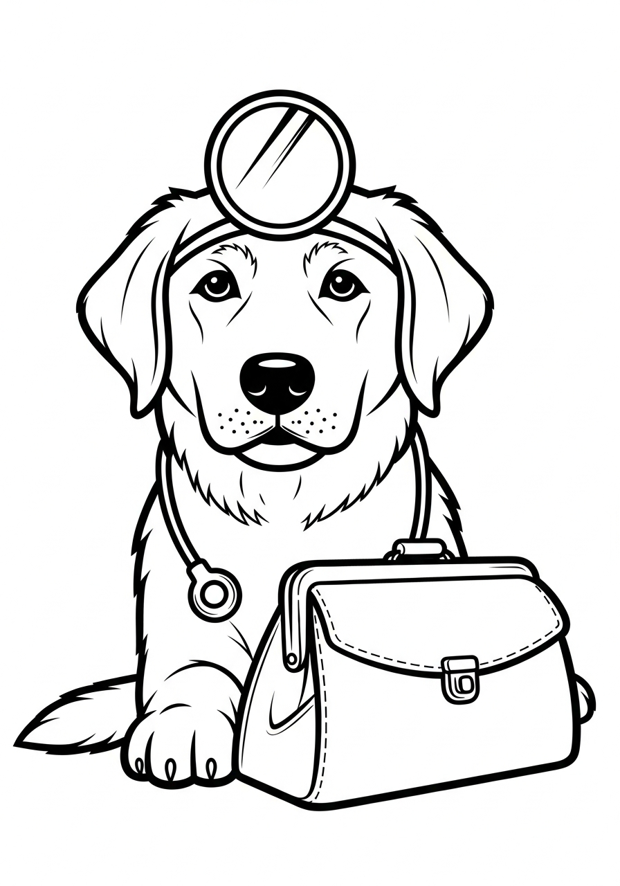 Hond kleurplaat van een hond met een dokterstas, kindvriendelijk om in te kleuren kleurplaat