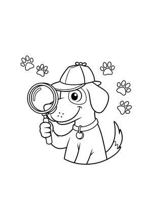 Hond met een hoed als detective kleurplaat om te printen en kleuren