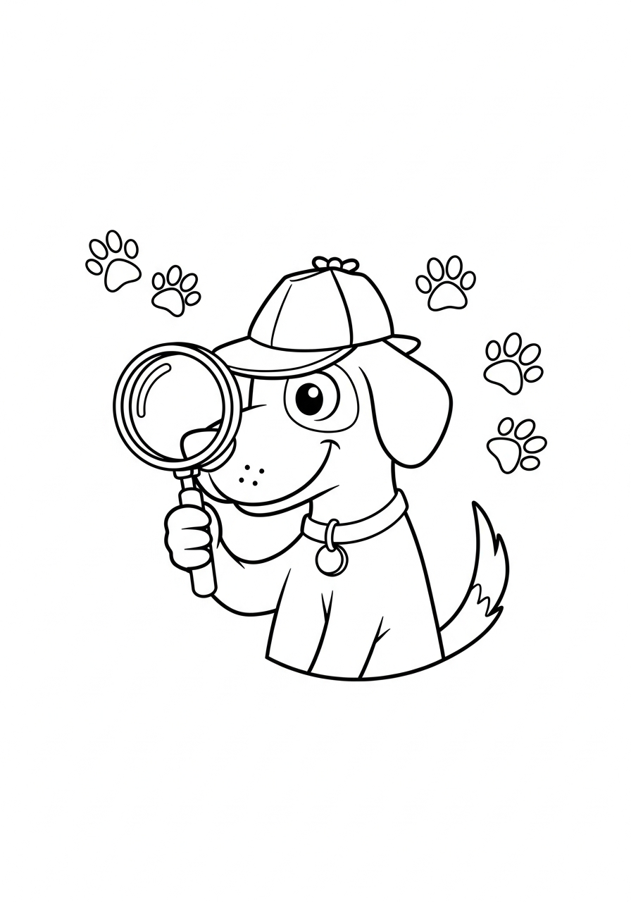 Hond kleurplaat van een hond als detective met hoed en vergrootglas, om in te kleuren kleurplaat