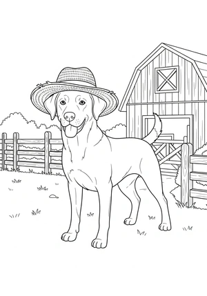 Hond met een hoed op de boerderij kleurplaat om te printen en kleuren
