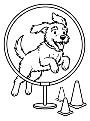 Hond met een hoepel (agility) kleurplaat om te printen en kleuren