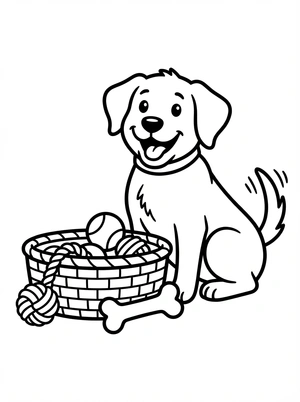 Hond met een mand vol speeltjes kleurplaat om te printen en kleuren