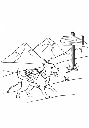 Hond met een rugzak op avontuur kleurplaat om te printen en kleuren