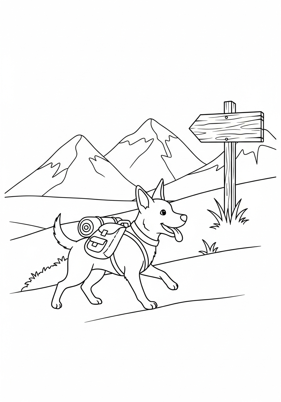 Hond kleurplaat van een hond met rugzak die op avontuur gaat, om in te kleuren kleurplaat