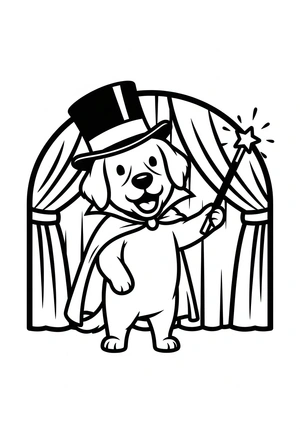 Hond met een toverstaf als magiër kleurplaat om te printen en kleuren