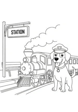 Hond met een treinconducteur pet kleurplaat om te printen en kleuren
