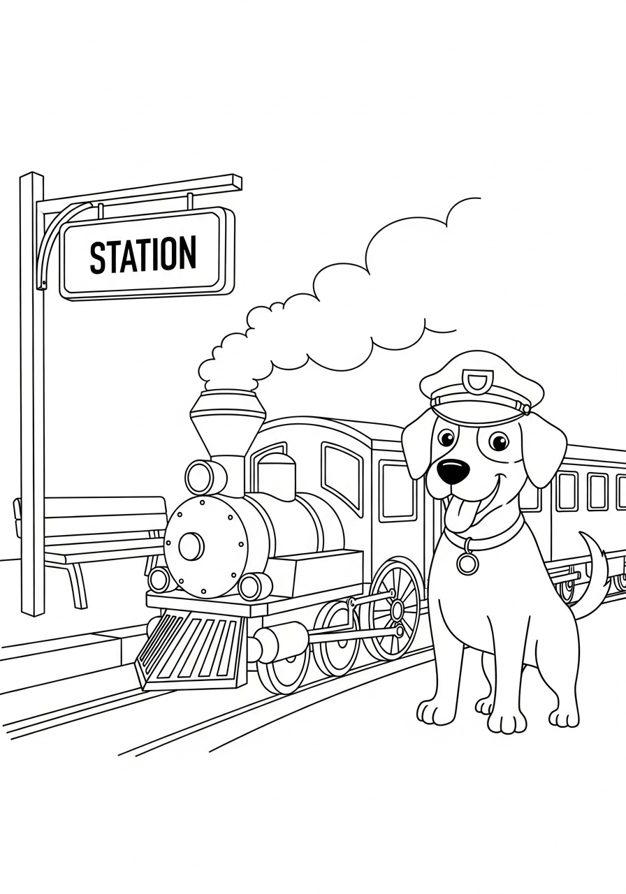 Hond kleurplaat van een hond als treinconducteur met pet, om in te kleuren kleurplaat