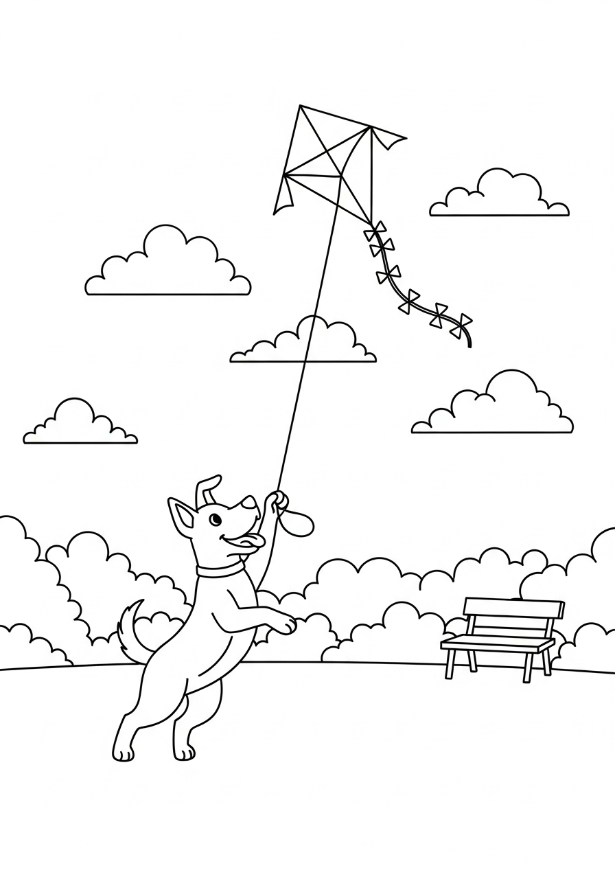 Hond kleurplaat van een hond die met een vlieger speelt in het park, om in te kleuren kleurplaat