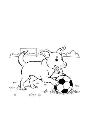 Hond met een voetbal kleurplaat om te printen en kleuren