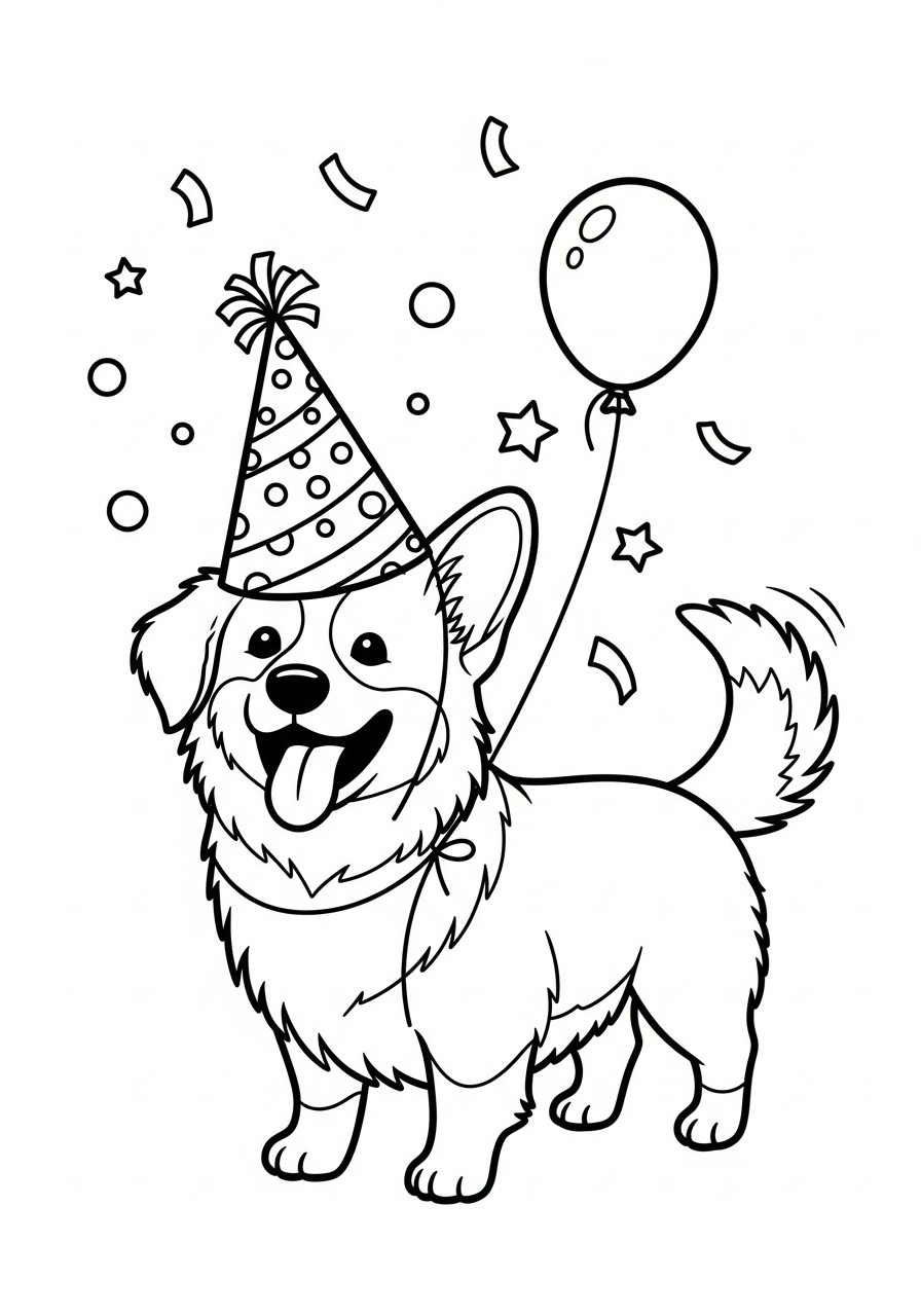 Hond kleurplaat van een hond met feesthoedje en confetti, leuk om in te kleuren kleurplaat