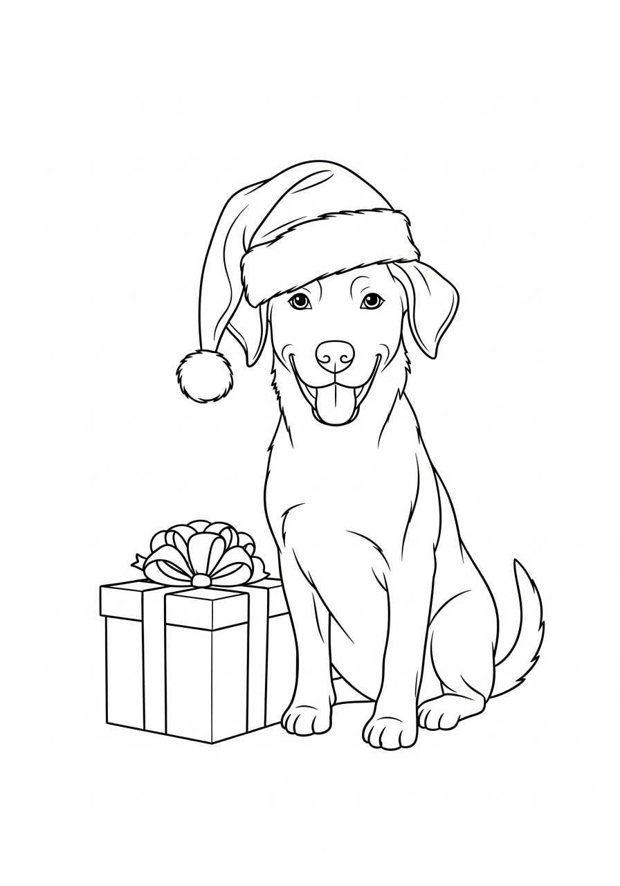 Hond kleurplaat van een hond met kerstmuts en cadeautje, leuk om in te kleuren kleurplaat