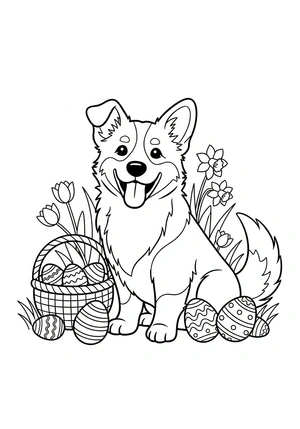 Hond met paaseieren kleurplaat om te printen en kleuren