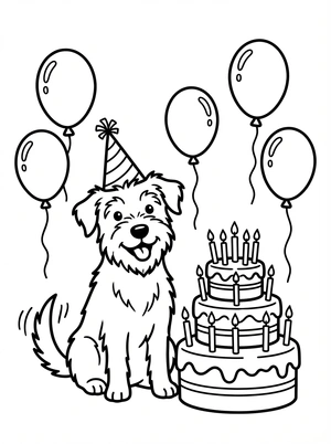 Hond met verjaardagstaart kleurplaat om te printen en kleuren
