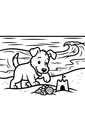 Hond op het strand met schelpjes kleurplaat om te printen en kleuren