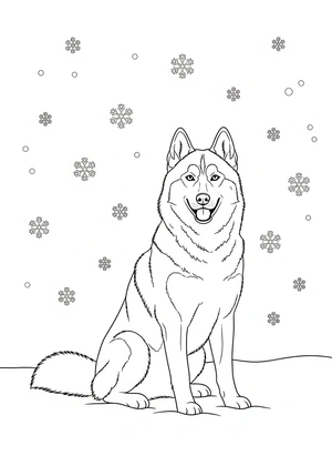 Husky met sneeuwvlokken kleurplaat om te printen en kleuren
