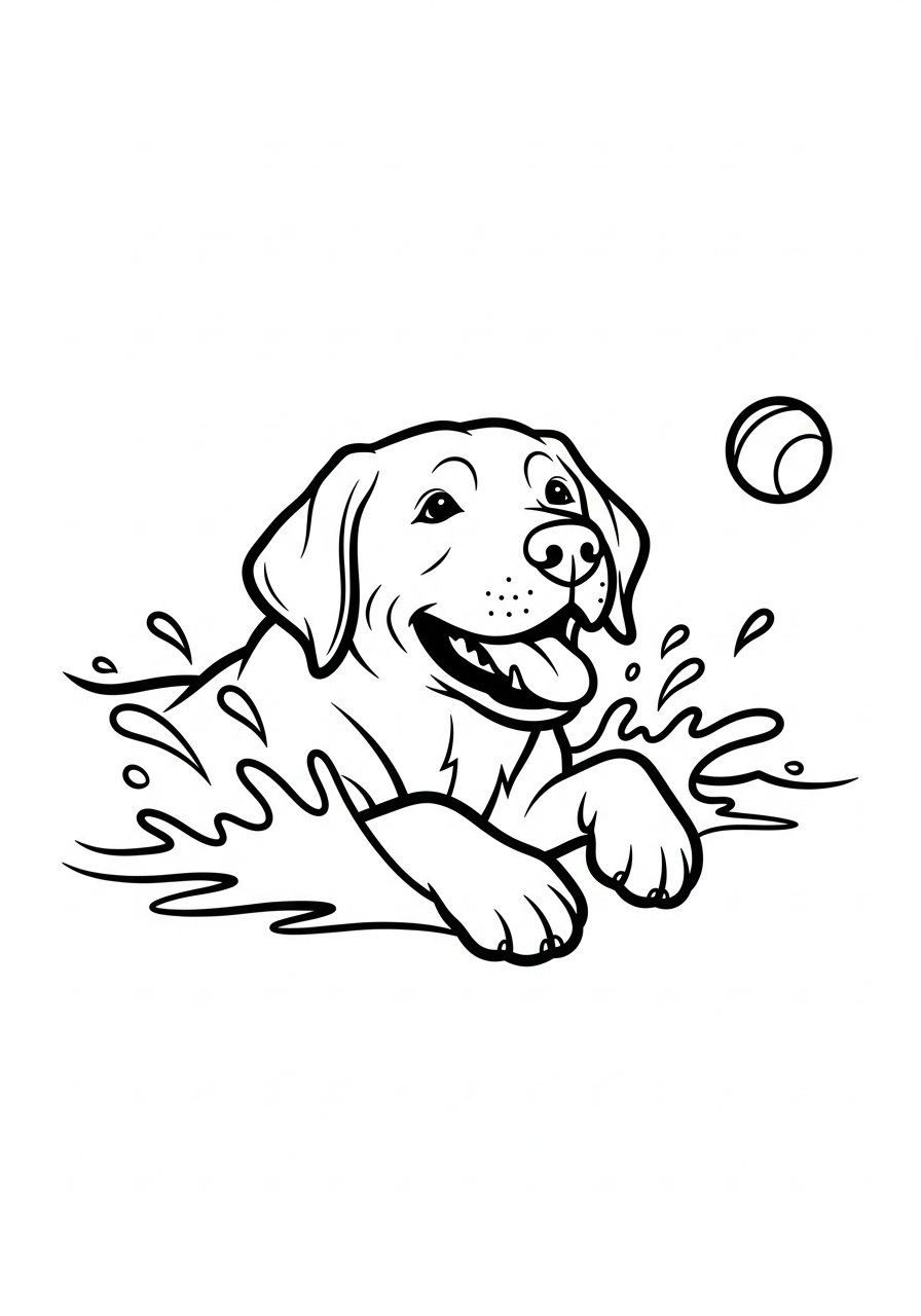 Hond kleurplaat van een Labrador die zwemt in het water, met spetters om in te kleuren kleurplaat