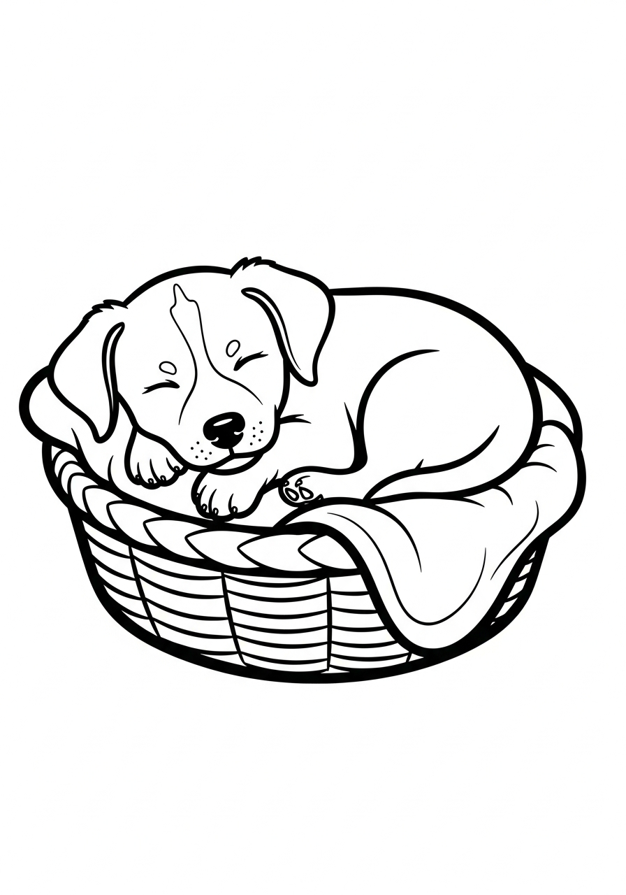 Hond kleurplaat van een schattige puppy die in een mandje ligt, klaar om in te kleuren kleurplaat