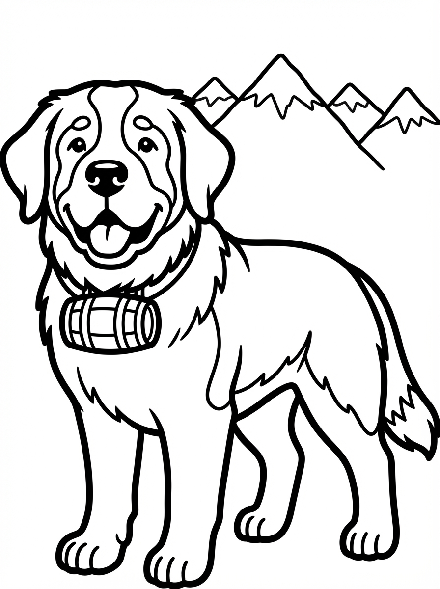 Hond kleurplaat van een sint-bernard met een tonnetje aan de halsband, om in te kleuren kleurplaat