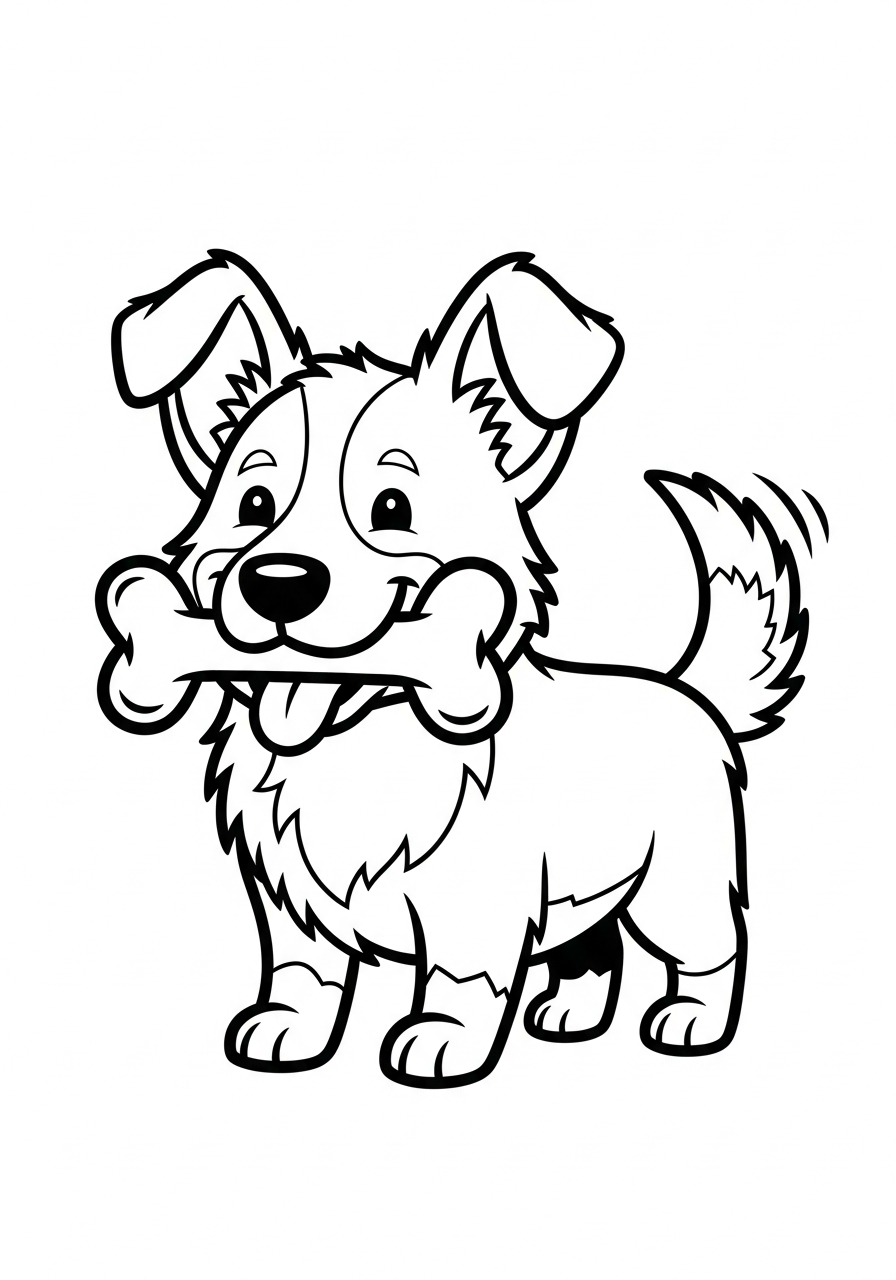 Hond kleurplaat van een vrolijke hond die een bot vasthoudt om in te kleuren kleurplaat