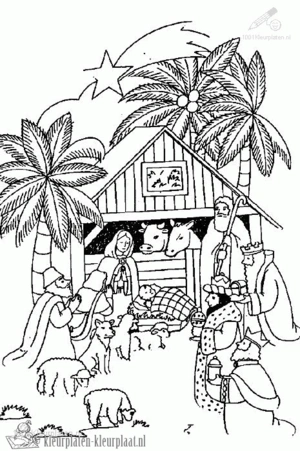 Kerststal 2 kleurplaat om te printen en kleuren