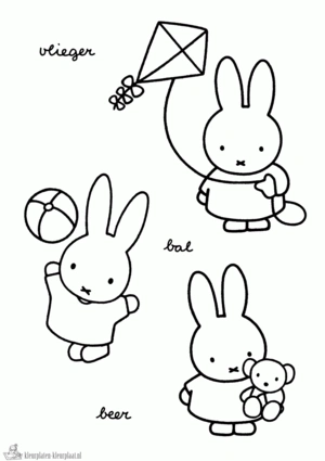 Nijntje met vlieger bal en beer kleurplaat om te printen en kleuren
