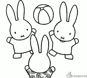 Nijntje speelt met de bal en zijn vriendjes kleurplaat om te printen en kleuren