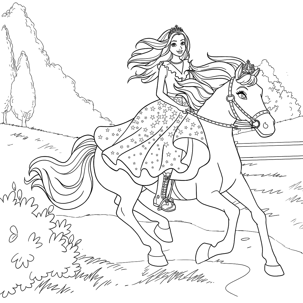 Barbie op paard kleurplaat