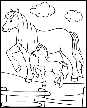 Mama paard met veulen kleurplaat om te printen en kleuren