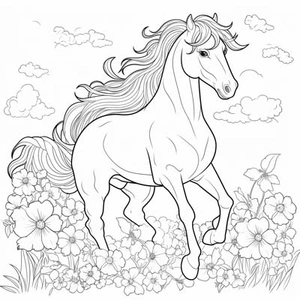 Paard tussen de bloemen kleurplaat om te printen en kleuren