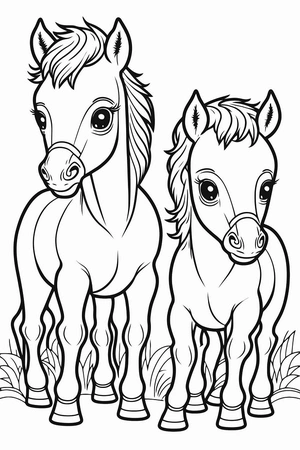 Twee kleine paardjes kleurplaat om te printen en kleuren