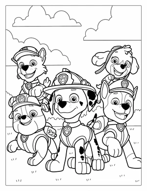Alle karakters Paw Patrol kleurplaat om te printen en kleuren