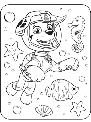 Marshall zwemt in de zee kleurplaat om te printen en kleuren