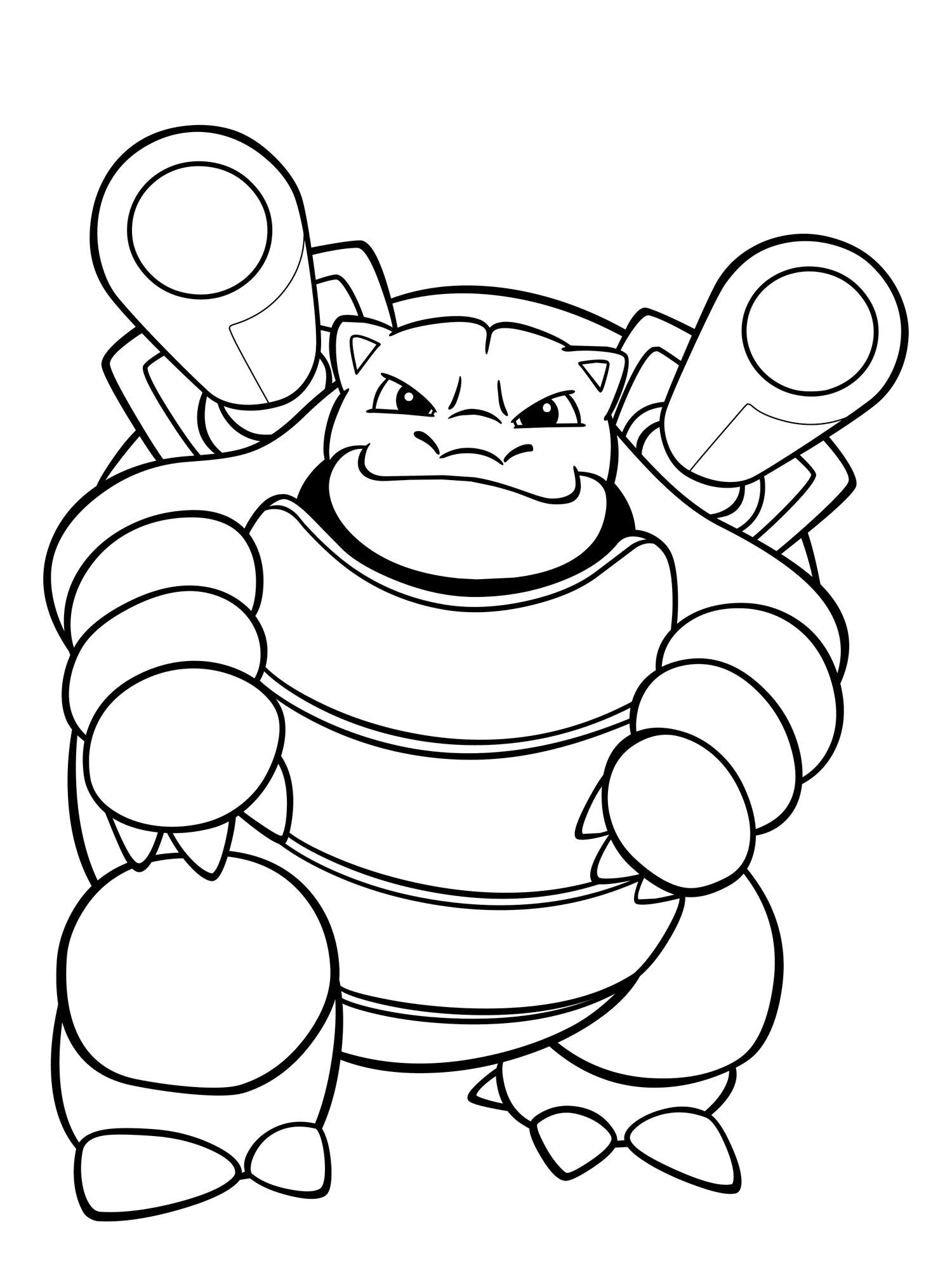 Pokemon kleurplaat van Blastoise met grote waterkanonnen en een stoere houding kleurplaat