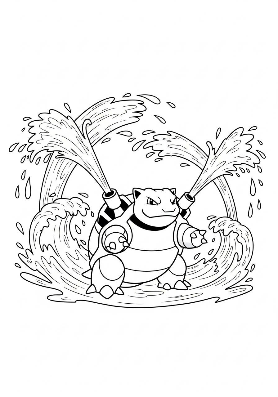 Pokemon kleurplaat van Blastoise die waterstralen spuit met golven en druppels kleurplaat