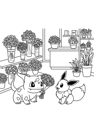 Bulbasaur en Eevee in een bloemenwinkel kleurplaat om te printen en kleuren