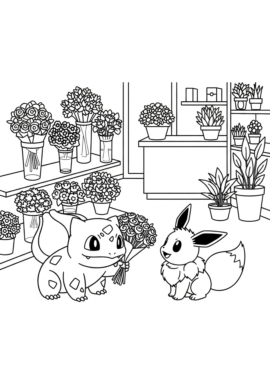 Pokemon kleurplaat van Bulbasaur en Eevee in een bloemenwinkel met boeketten en vaasjes kleurplaat