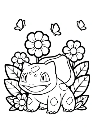 Bulbasaur in een bloementuin kleurplaat om te printen en kleuren