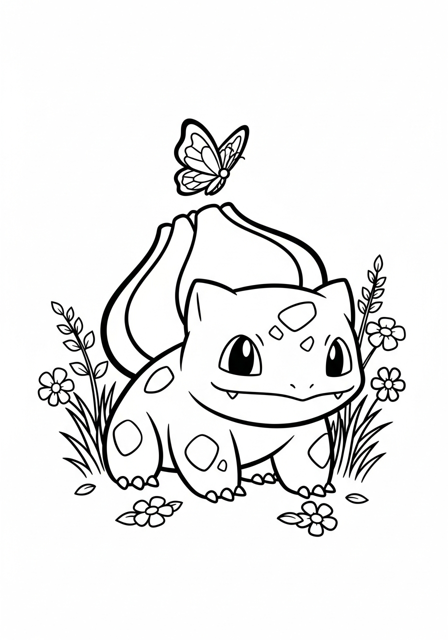 Pokemon kleurplaat van Bulbasaur met een vlinder op de bol en bloemen eromheen kleurplaat