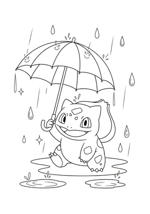 Bulbasaur onder een regenboogparaplu kleurplaat om te printen en kleuren