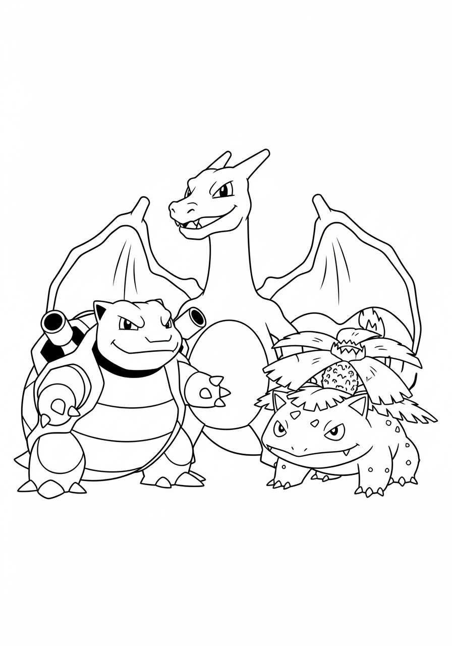 Pokemon kleurplaat van Charizard, Blastoise en Venusaur die samen poseren als team kleurplaat