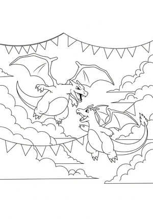 Charizard en Dragonite racen door de lucht kleurplaat om te printen en kleuren