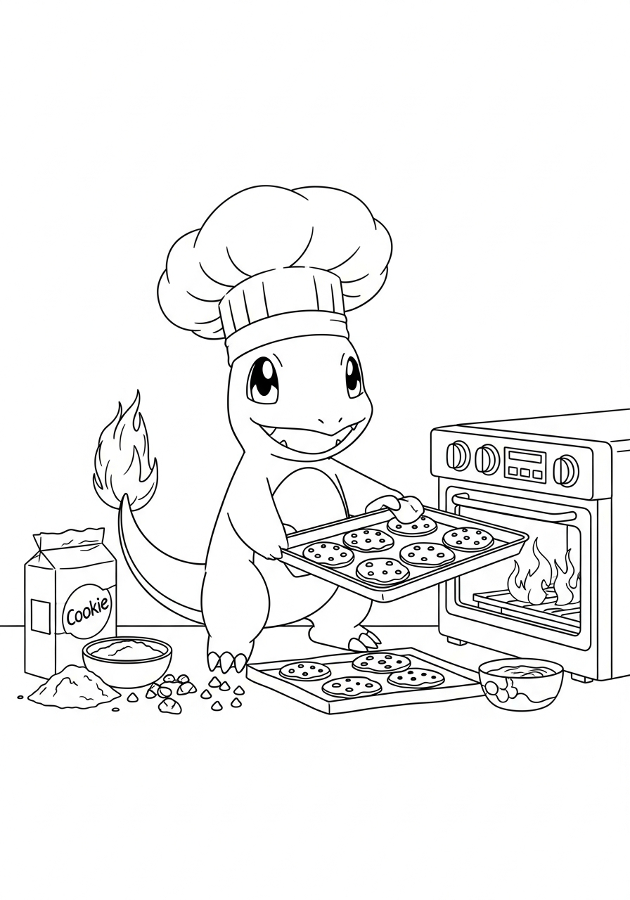 Pokemon kleurplaat van Charmander met koksmuts bij een oven en een bakplaat met koekjes kleurplaat